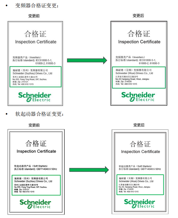 施耐德变频器及软启动器包装合格证变更